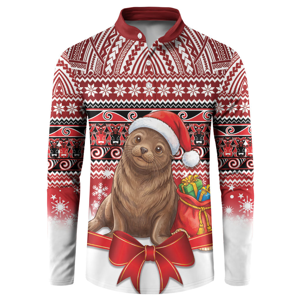 New Zealand Kekeno Seal Christmas Button Sweatshirt Maori Inspired Knitted Patterns LT9 Red - Polynesian Pride