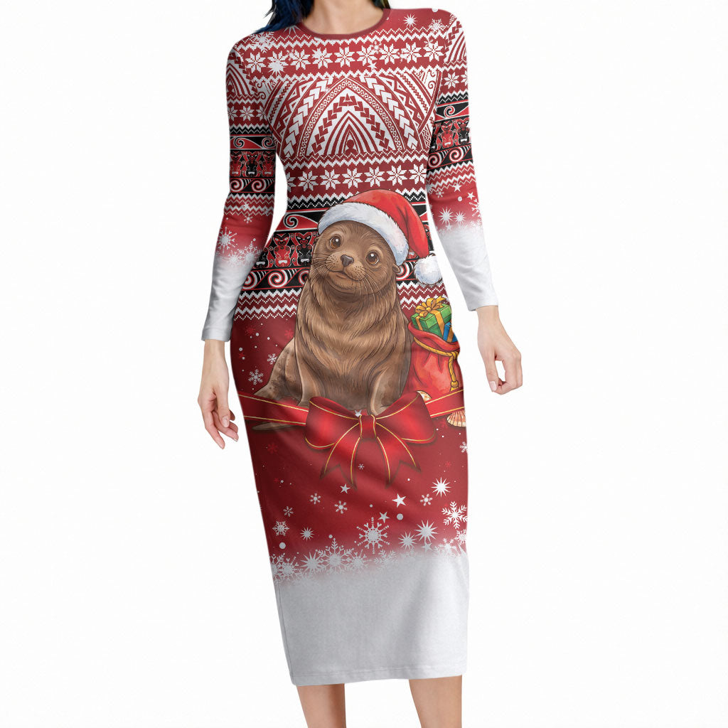 New Zealand Kekeno Seal Christmas Long Sleeve Bodycon Dress Maori Inspired Knitted Patterns LT9 Long Dress Red - Polynesian Pride