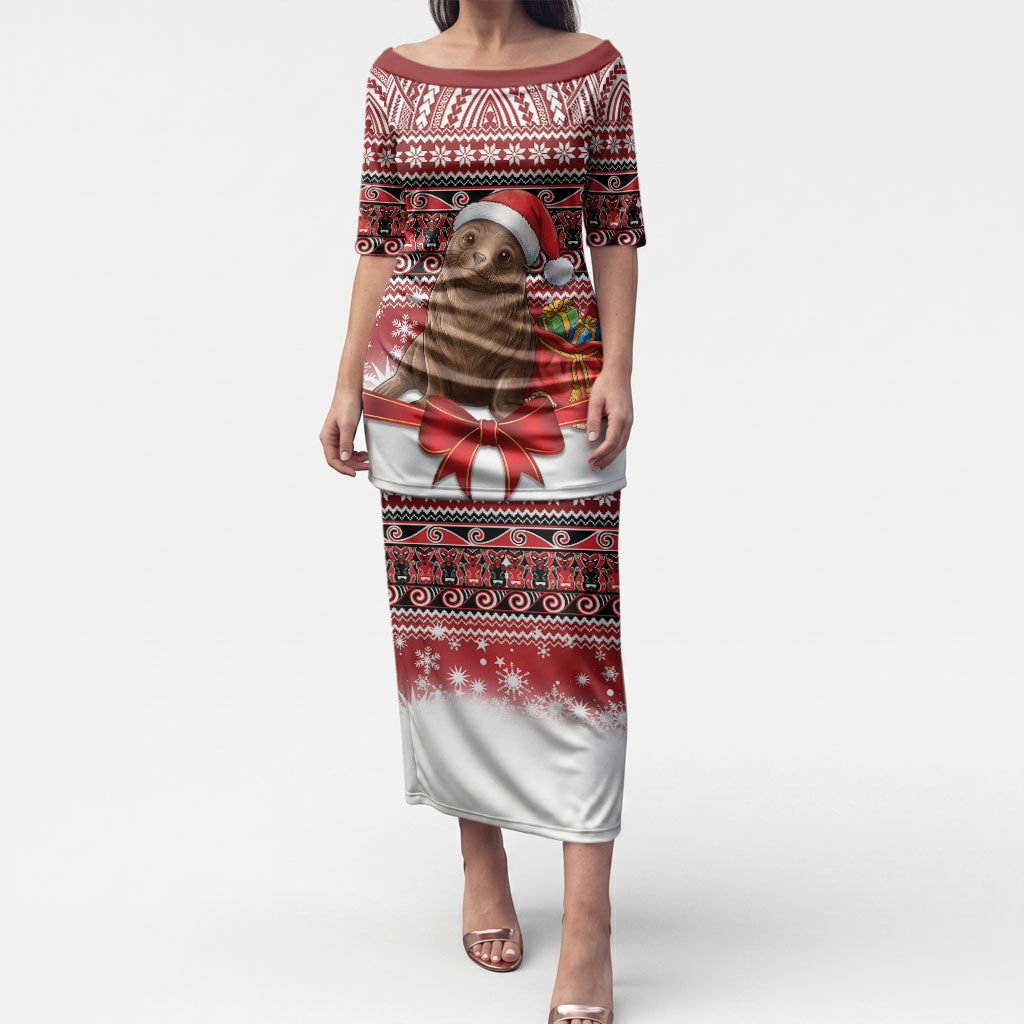 New Zealand Kekeno Seal Christmas Puletasi Maori Inspired Knitted Patterns LT9 Long Dress Red - Polynesian Pride