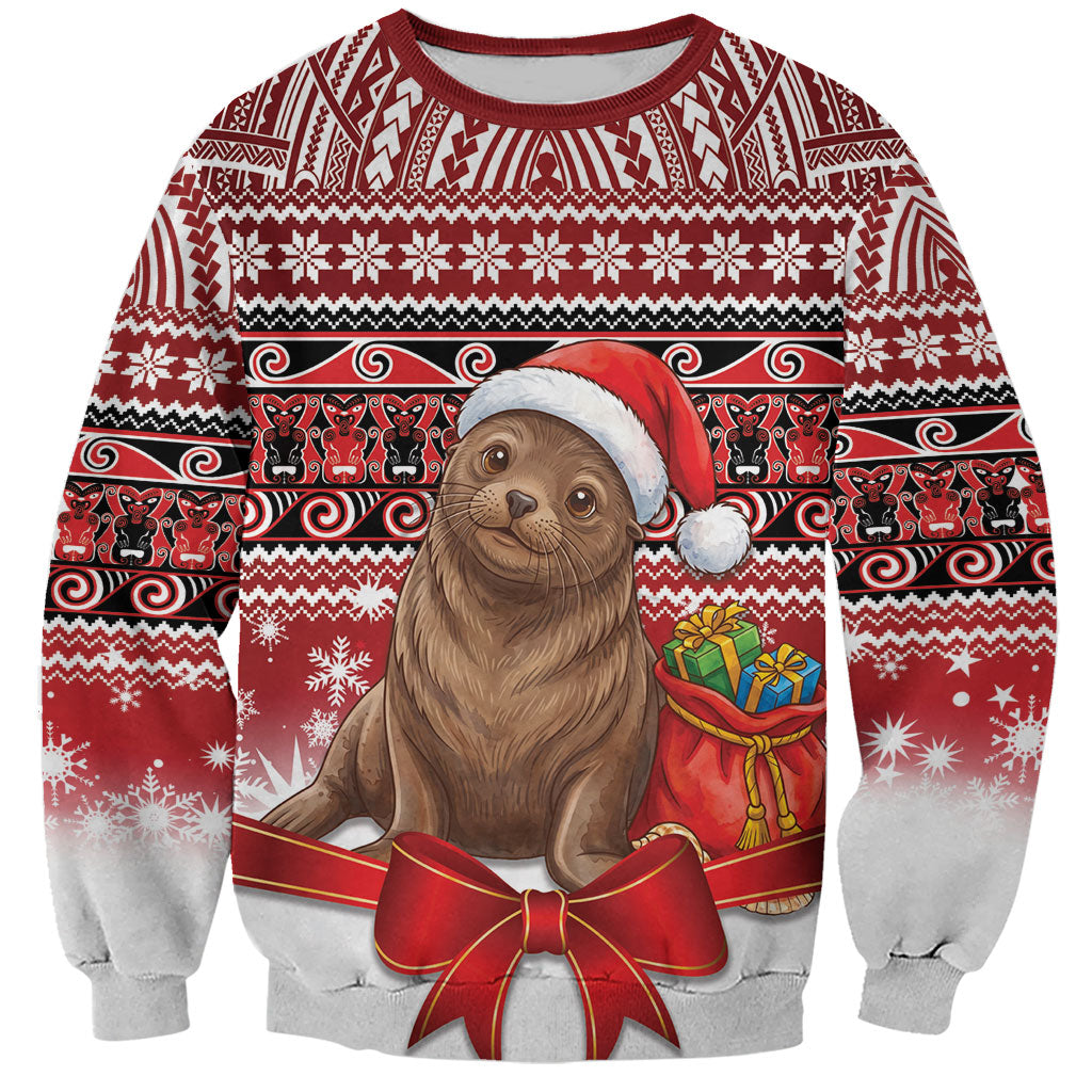 New Zealand Kekeno Seal Christmas Sweatshirt Maori Inspired Knitted Patterns LT9 Unisex Red - Polynesian Pride