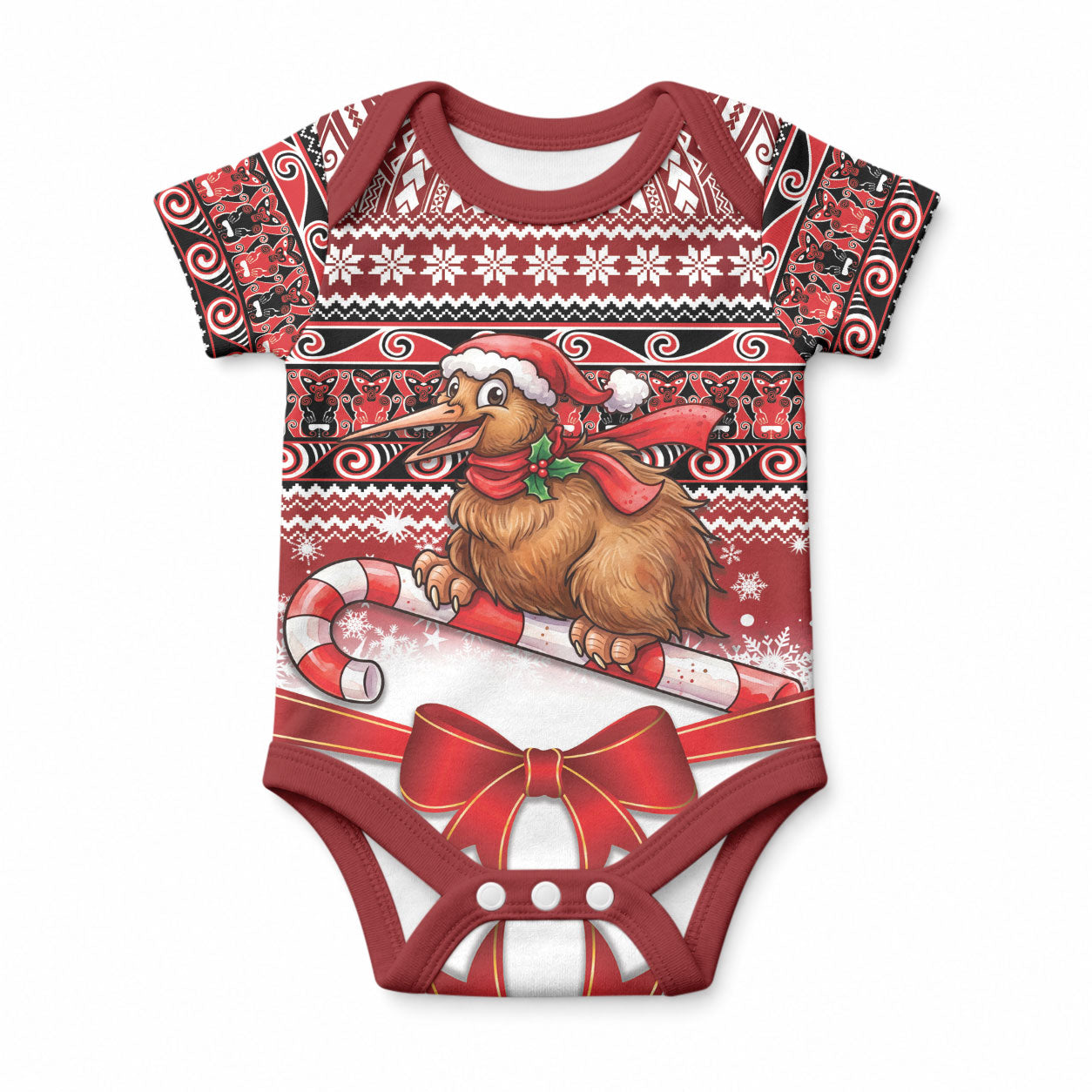 New Zealand Kiwi Bird Christmas Baby Onesie Maori Inspired Knitted Patterns LT9 Red - Polynesian Pride