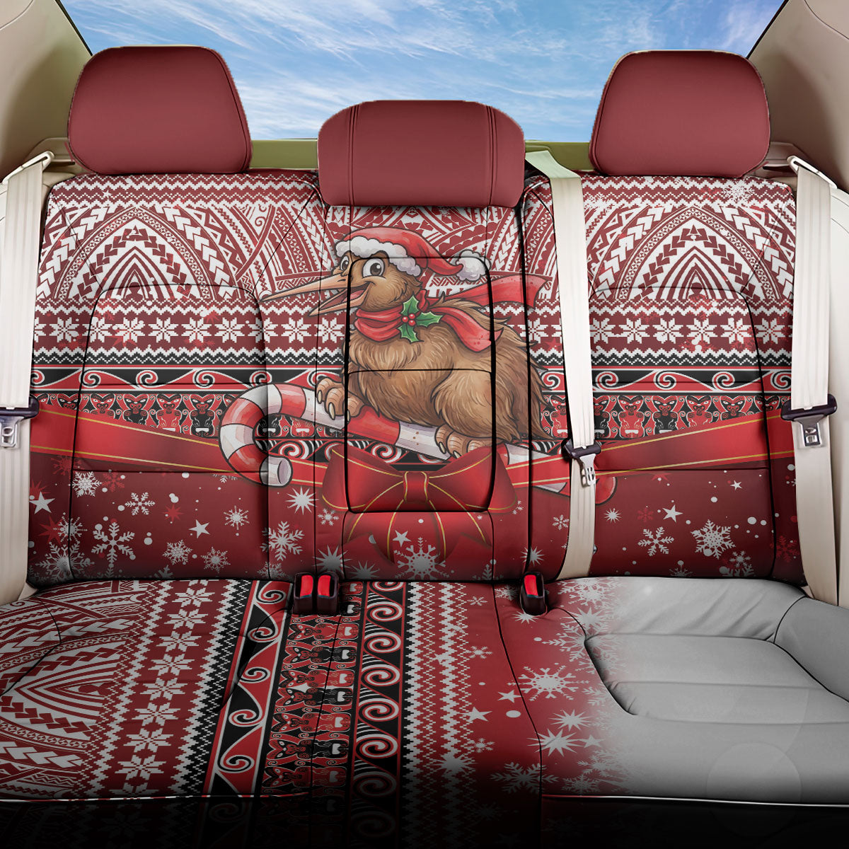 New Zealand Kiwi Bird Christmas Back Car Seat Cover Maori Inspired Knitted Patterns LT9 One Size Red - Polynesian Pride