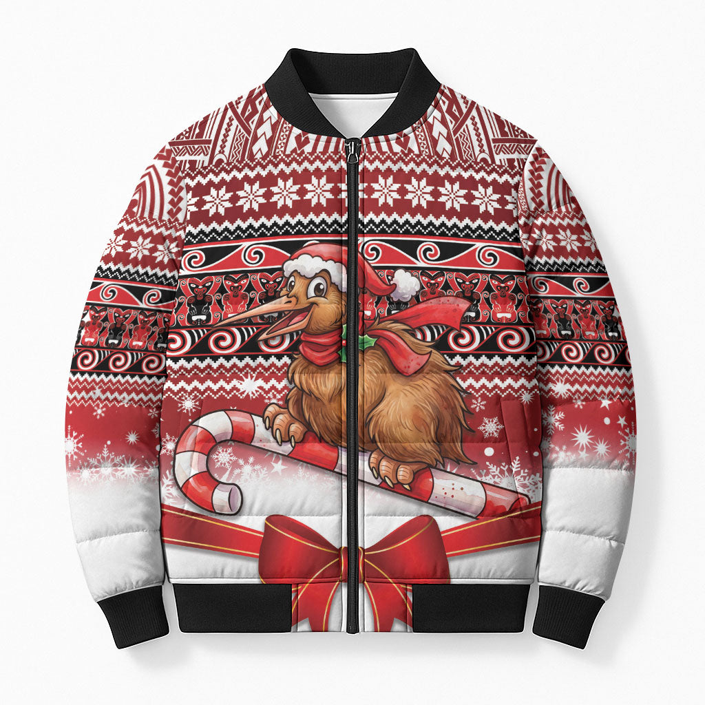 New Zealand Kiwi Bird Christmas Bomber Puffer Jacket Maori Inspired Knitted Patterns LT9 Unisex Red - Polynesian Pride