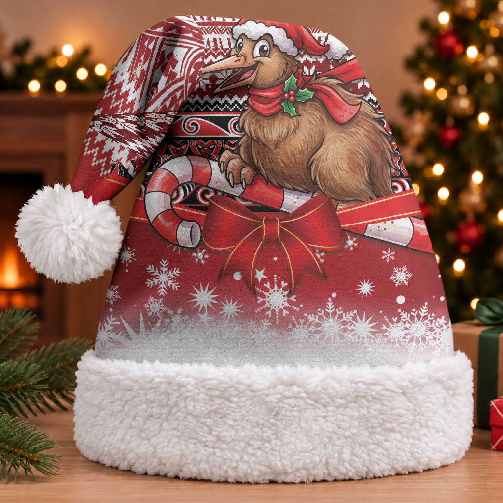 New Zealand Kiwi Bird Christmas Santa Hat Maori Inspired Knitted Patterns LT9 With Fur Red - Polynesian Pride