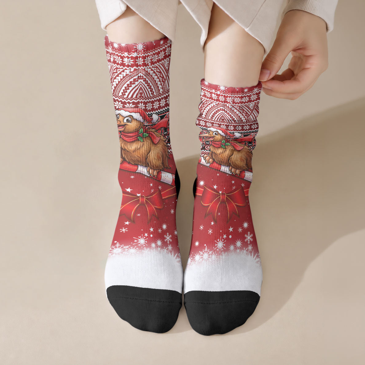 New Zealand Kiwi Bird Christmas Crew Socks Maori Inspired Knitted Patterns LT9 Crew Socks Red - Polynesian Pride
