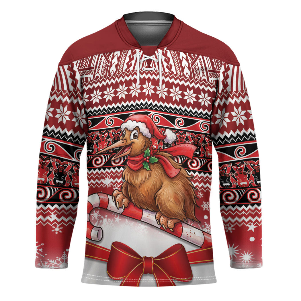 New Zealand Kiwi Bird Christmas Hockey Jersey Maori Inspired Knitted Patterns LT9 Unisex Red - Polynesian Pride