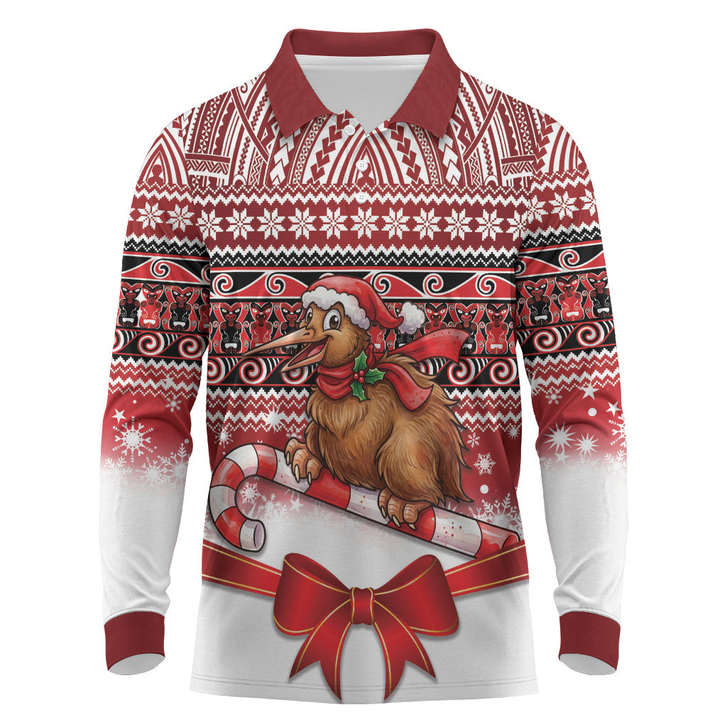 New Zealand Kiwi Bird Christmas Long Sleeve Polo Shirt Maori Inspired Knitted Patterns LT9 Red - Polynesian Pride