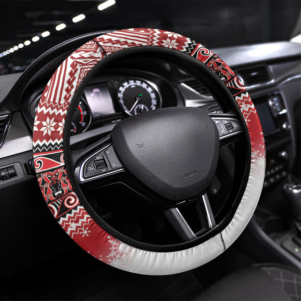 New Zealand Kiwi Bird Christmas Steering Wheel Cover Maori Inspired Knitted Patterns LT9 Universal Fit Red - Polynesian Pride
