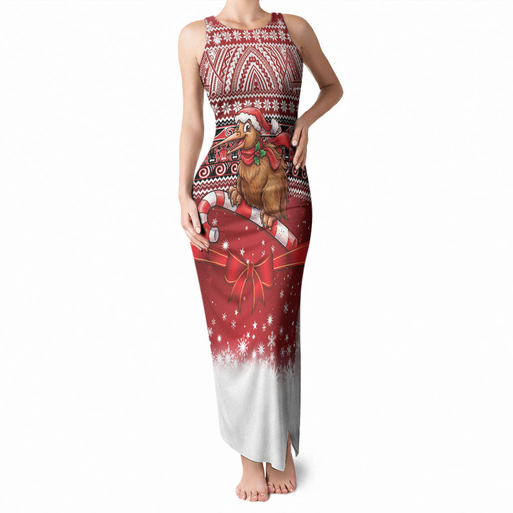 New Zealand Kiwi Bird Christmas Tank Maxi Dress Maori Inspired Knitted Patterns LT9 Women Red - Polynesian Pride