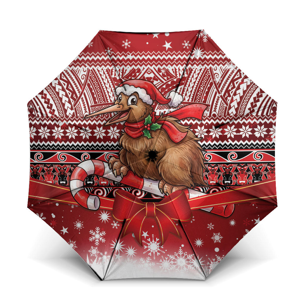 New Zealand Kiwi Bird Christmas Umbrella Maori Inspired Knitted Patterns LT9 One Size Folded 11.42 inch Opened Diameter 37.4 inch Red - Polynesian Pride