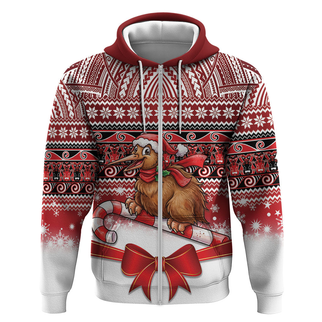 New Zealand Kiwi Bird Christmas Zip Hoodie Maori Inspired Knitted Patterns LT9 Zip Hoodie Red - Polynesian Pride