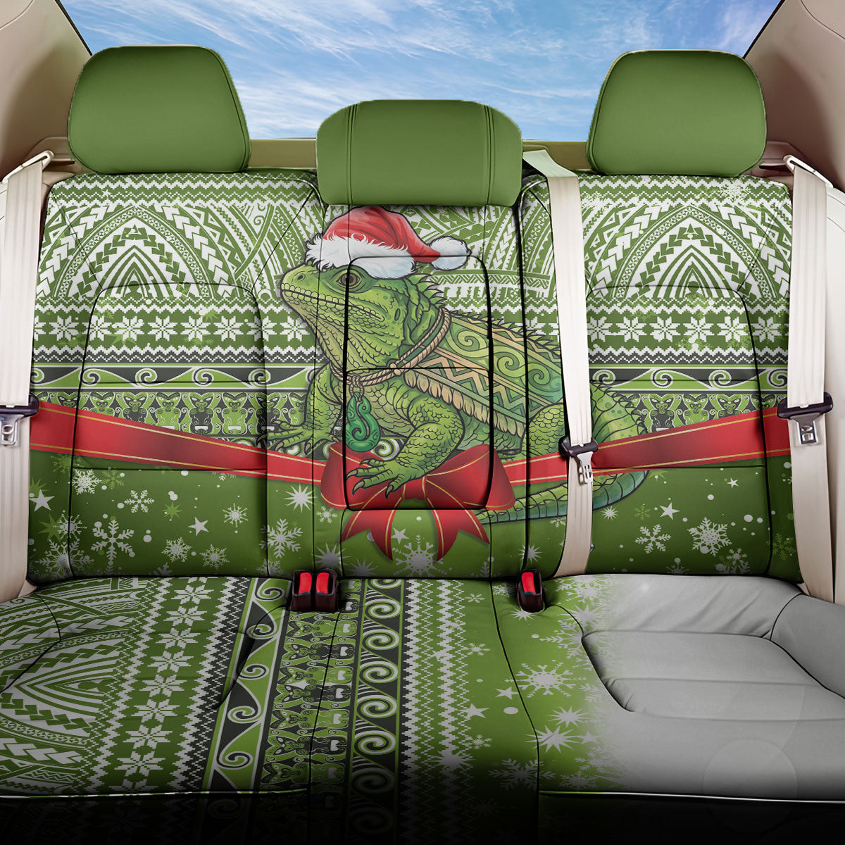 New Zealand Tuatara Christmas Back Car Seat Cover Maori Inspired Knitted Patterns LT9 One Size Green - Polynesian Pride