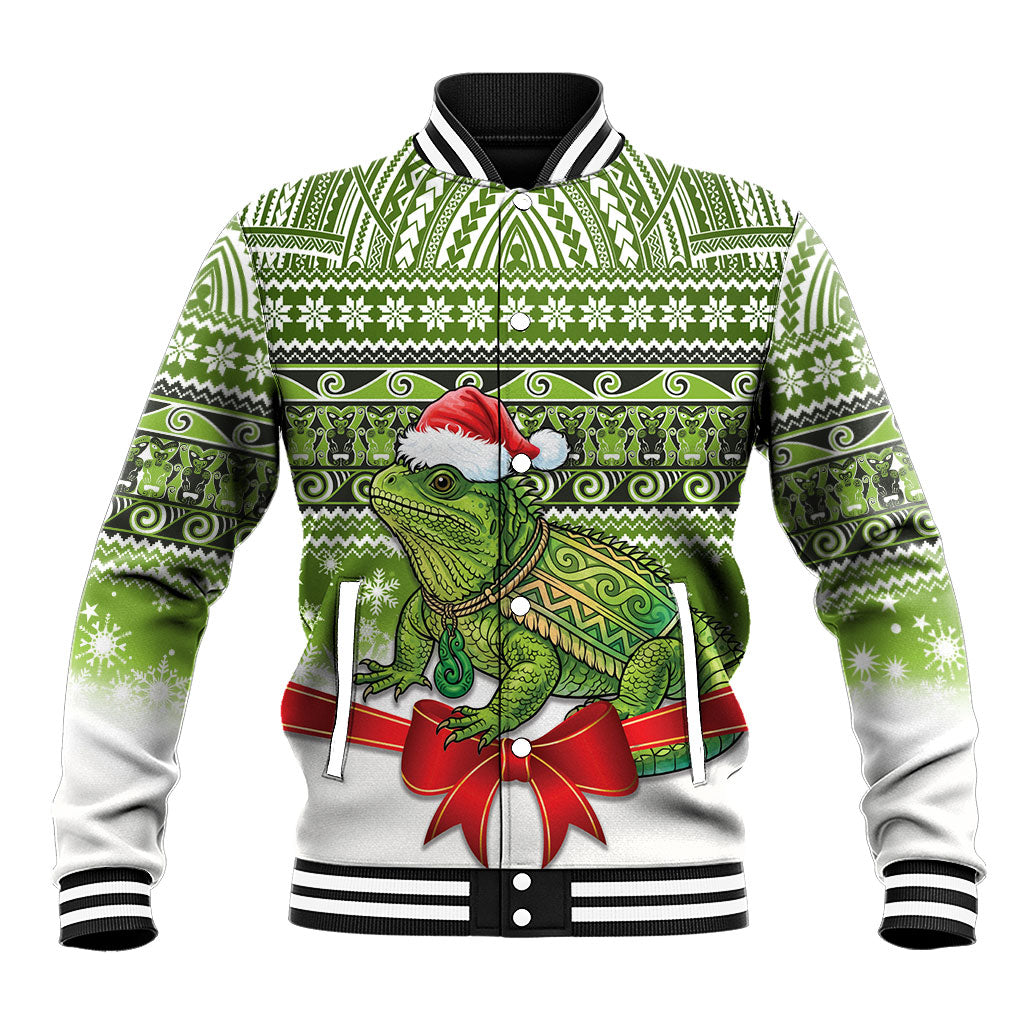 New Zealand Tuatara Christmas Baseball Jacket Maori Inspired Knitted Patterns LT9 Unisex Green - Polynesian Pride