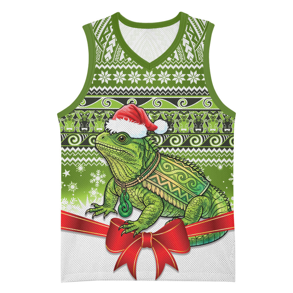 New Zealand Tuatara Christmas Basketball Jersey Maori Inspired Knitted Patterns LT9 Unisex Green - Polynesian Pride
