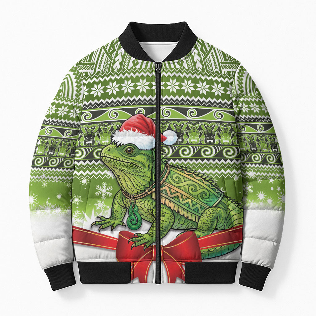 New Zealand Tuatara Christmas Bomber Puffer Jacket Maori Inspired Knitted Patterns LT9 Unisex Green - Polynesian Pride