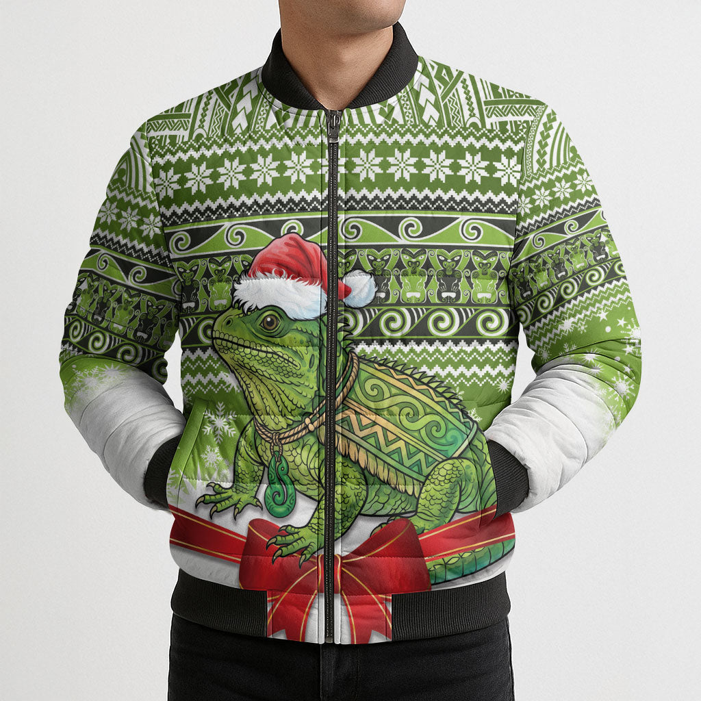 New Zealand Tuatara Christmas Bomber Puffer Jacket Maori Inspired Knitted Patterns LT9 - Polynesian Pride