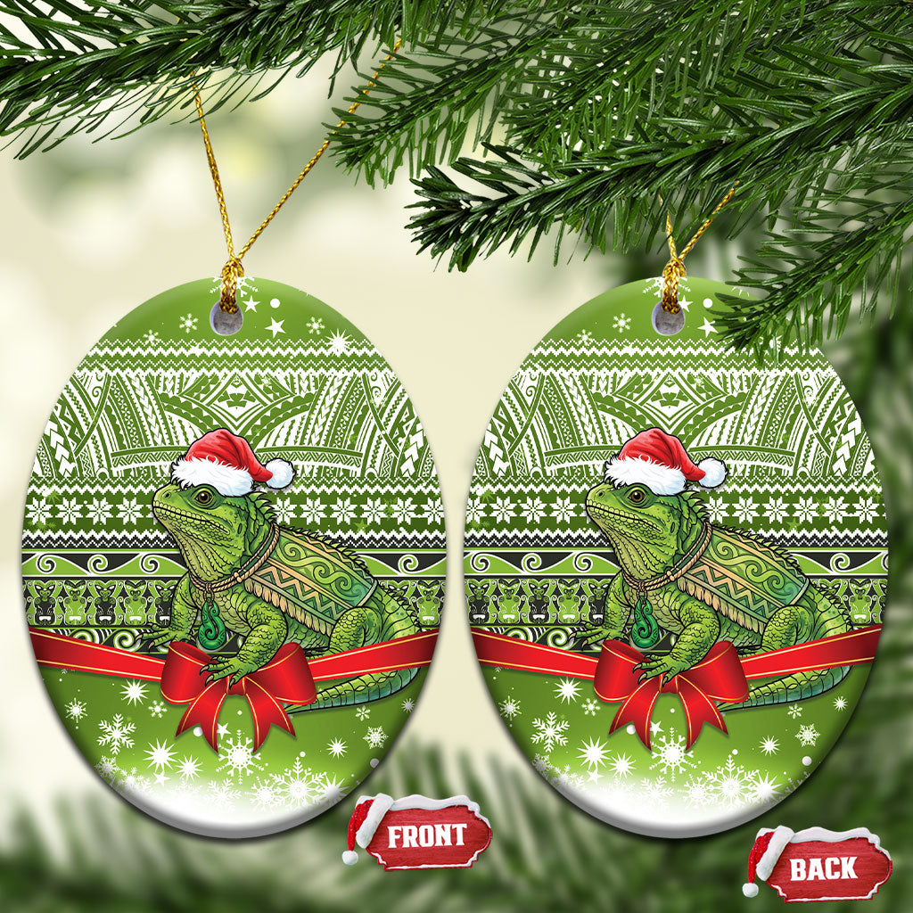 New Zealand Tuatara Christmas Ceramic Ornament Maori Inspired Knitted Patterns LT9 Oval Green - Polynesian Pride