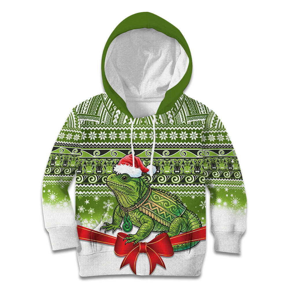 New Zealand Tuatara Christmas Kid Hoodie Maori Inspired Knitted Patterns LT9 Hoodie Green - Polynesian Pride