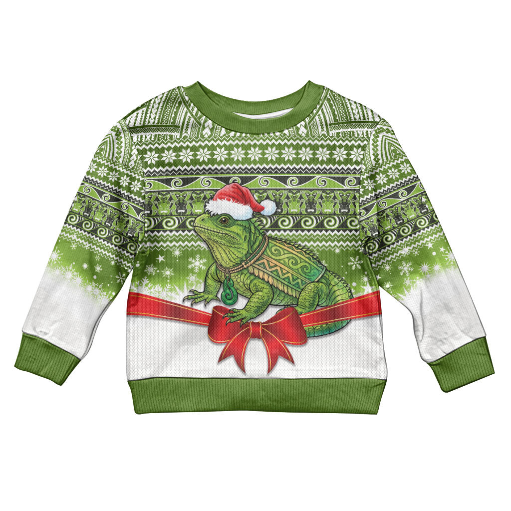 New Zealand Tuatara Christmas Kid Ugly Christmas Sweater Maori Inspired Knitted Patterns LT9 Kid Green - Polynesian Pride