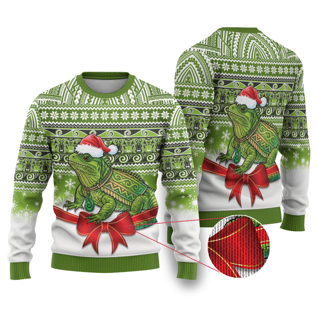New Zealand Tuatara Christmas Ugly Christmas Sweater Maori Inspired Knitted Patterns LT9 Green - Polynesian Pride