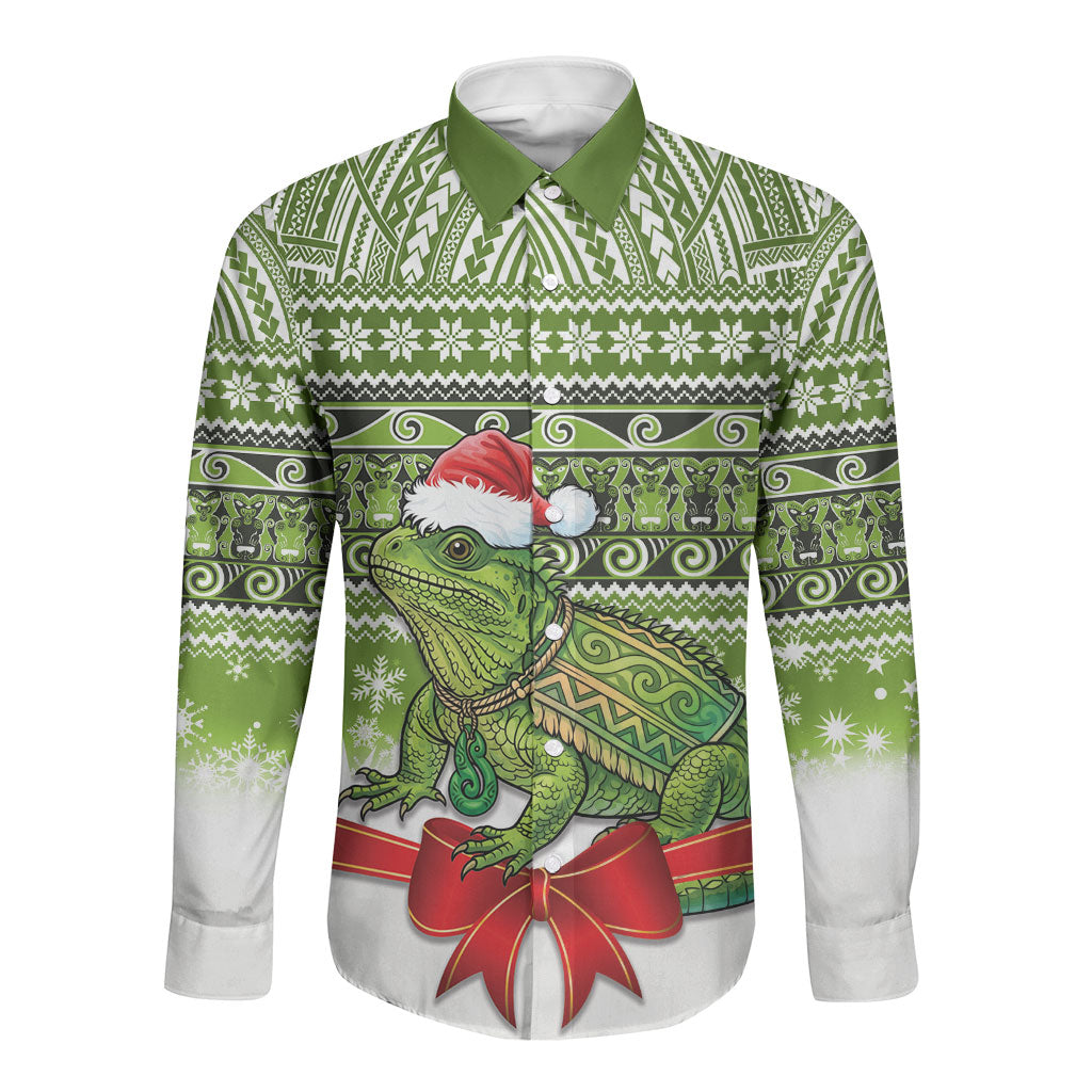 New Zealand Tuatara Christmas Long Sleeve Button Shirt Maori Inspired Knitted Patterns LT9 Unisex Green - Polynesian Pride