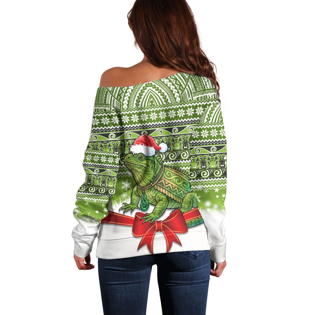 New Zealand Tuatara Christmas Off Shoulder Sweater Maori Inspired Knitted Patterns LT9 - Polynesian Pride