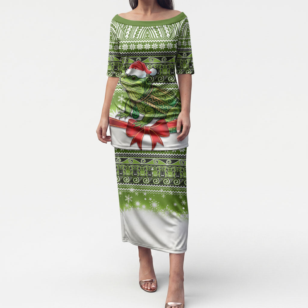 New Zealand Tuatara Christmas Puletasi Maori Inspired Knitted Patterns LT9 Long Dress Green - Polynesian Pride