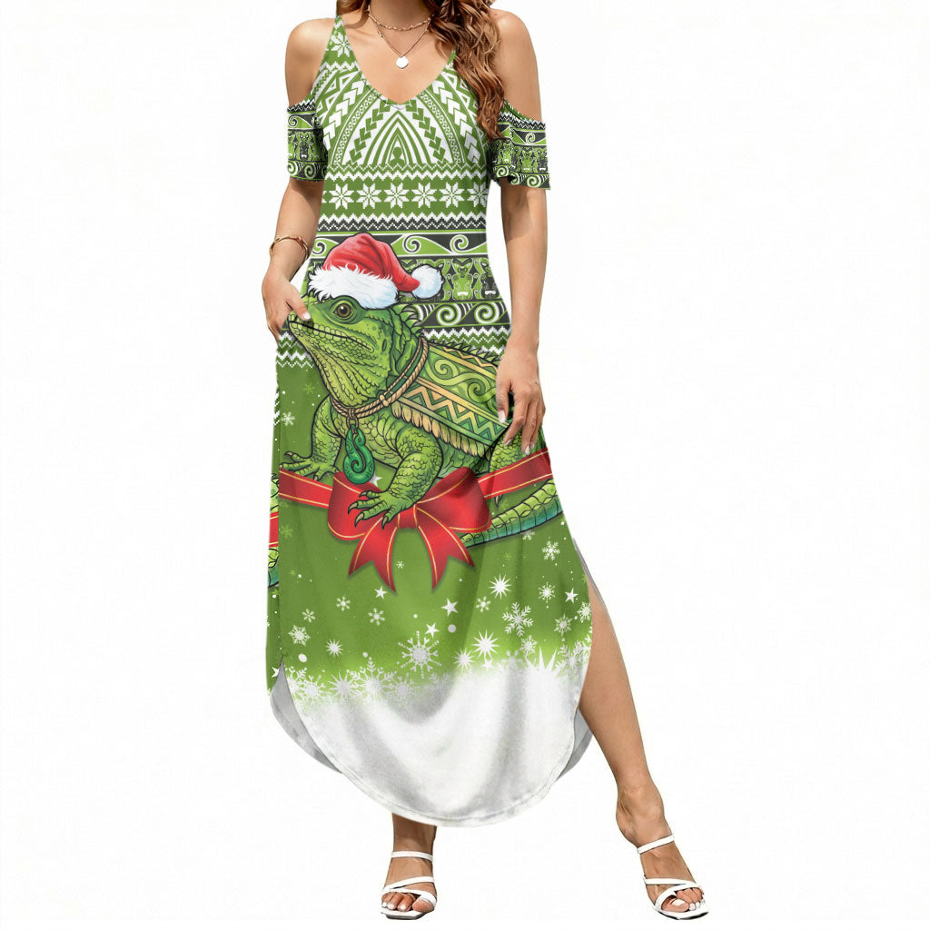 New Zealand Tuatara Christmas Summer Maxi Dress Maori Inspired Knitted Patterns LT9 Women Green - Polynesian Pride