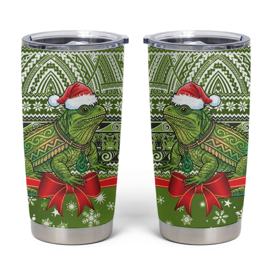 New Zealand Tuatara Christmas Tumbler Cup Maori Inspired Knitted Patterns LT9 Green - Polynesian Pride