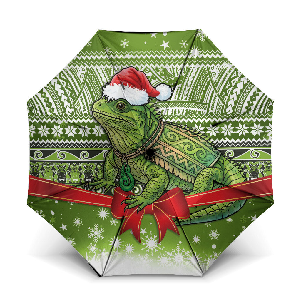 New Zealand Tuatara Christmas Umbrella Maori Inspired Knitted Patterns LT9 One Size Folded 11.42 inch Opened Diameter 37.4 inch Green - Polynesian Pride