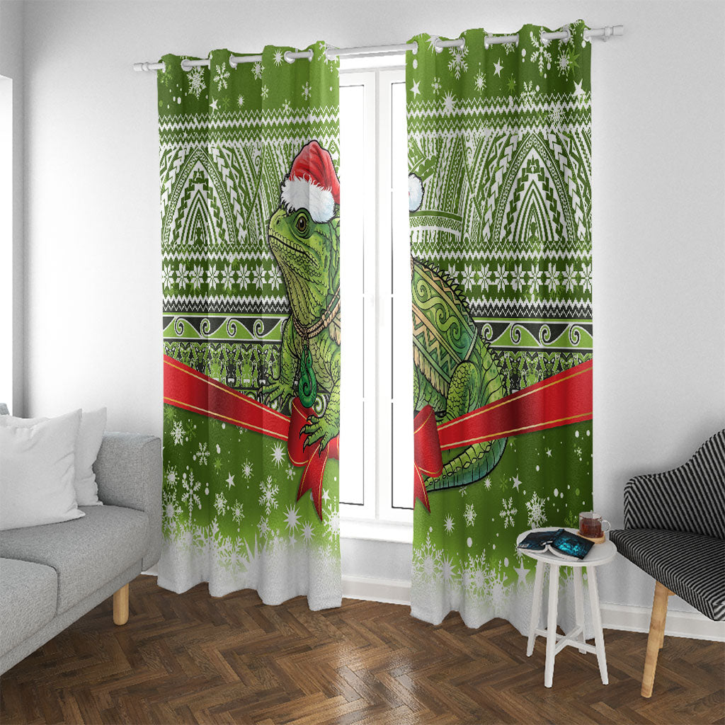 New Zealand Tuatara Christmas Window Curtain Maori Inspired Knitted Patterns LT9 With Grommets Green - Polynesian Pride