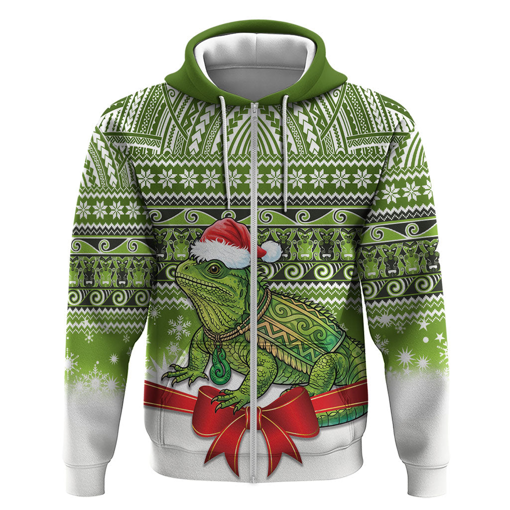 New Zealand Tuatara Christmas Zip Hoodie Maori Inspired Knitted Patterns LT9 Zip Hoodie Green - Polynesian Pride