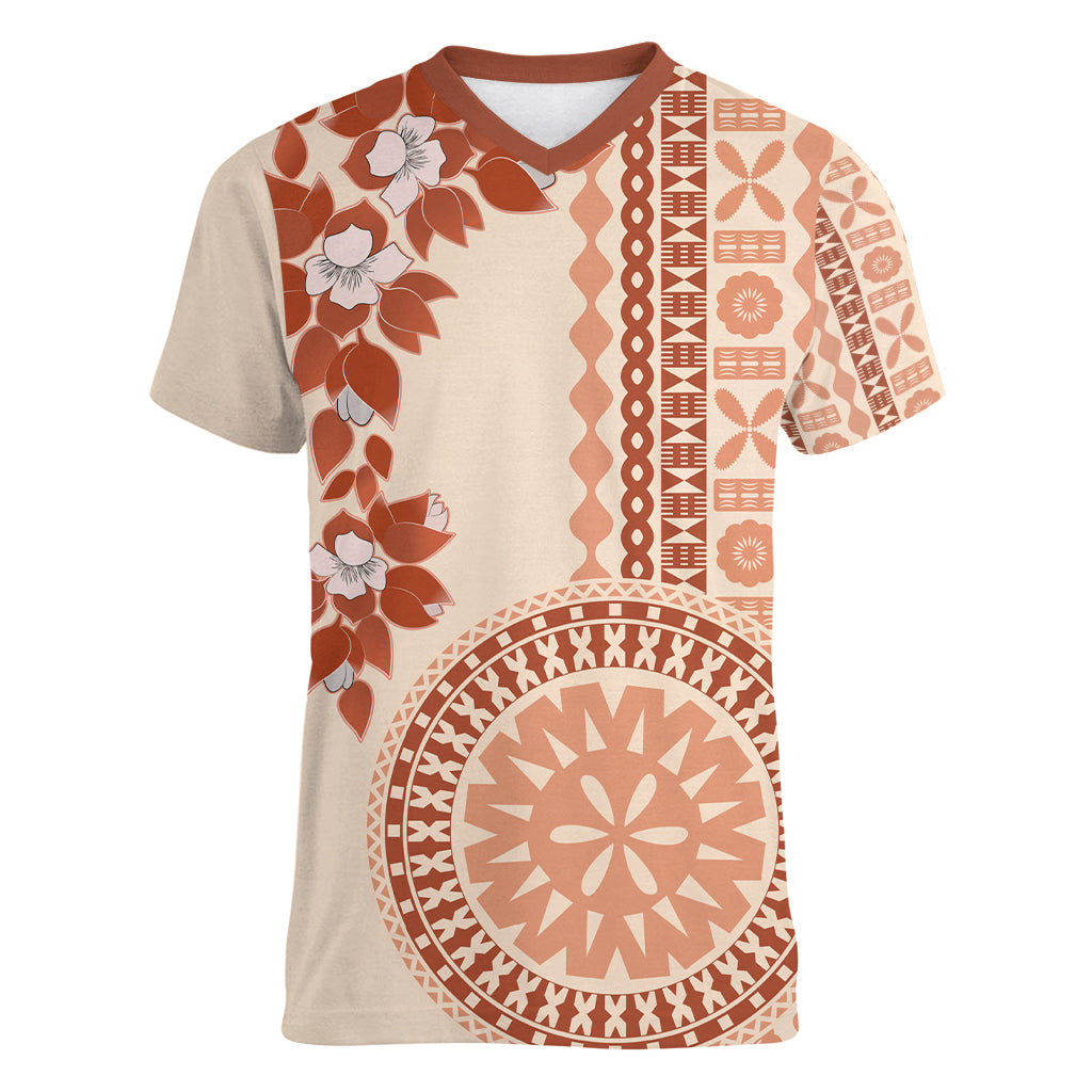 Fiji Tagimoucia Flower With Tapa Tribal Women V Neck T Shirt Beige Color LT9 Female Beige - Polynesian Pride