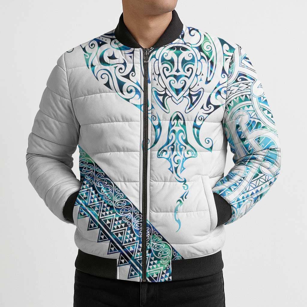 Kahui Whetu Paua shell Kowhaiwhai Taniko Personalised Bomber Puffer Jacket Manta Ray Shark-Turtle Maori Tribal Style