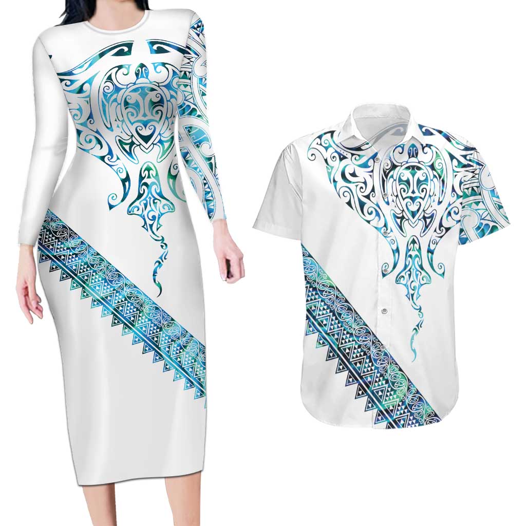 Kahui Whetu Paua shell Kowhaiwhai Taniko Personalised Couples Matching Long Sleeve Bodycon Dress and Hawaiian Shirt Manta Ray Shark-Turtle Maori Tribal Style LT9 Blue - Polynesian Pride