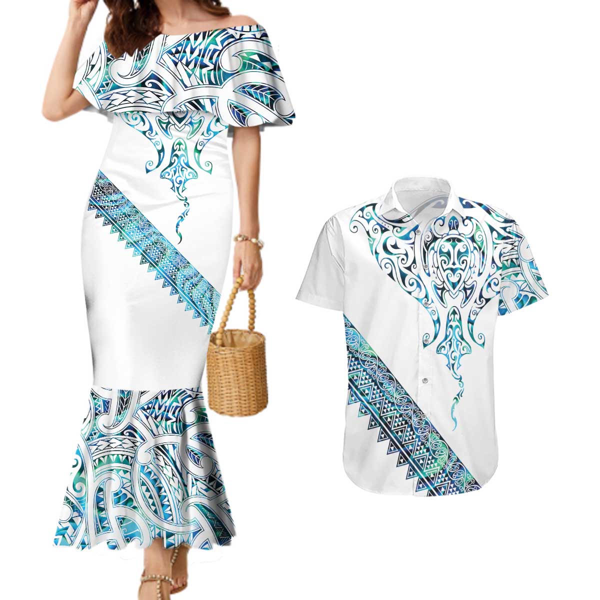 Kahui Whetu Paua shell Kowhaiwhai Taniko Personalised Couples Matching Mermaid Dress and Hawaiian Shirt Manta Ray Shark-Turtle Maori Tribal Style LT9 Blue - Polynesian Pride