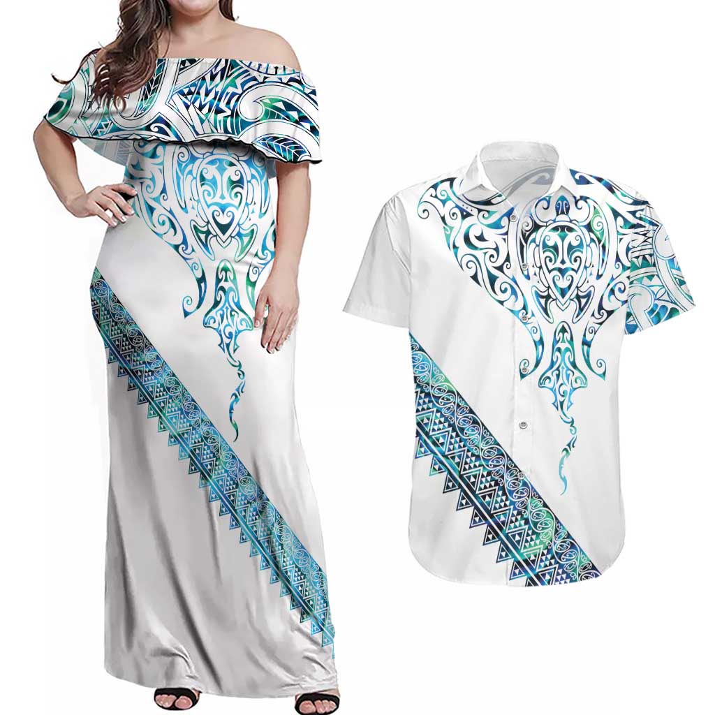 Kahui Whetu Paua shell Kowhaiwhai Taniko Personalised Couples Matching Off Shoulder Maxi Dress and Hawaiian Shirt Manta Ray Shark-Turtle Maori Tribal Style LT9 Blue - Polynesian Pride