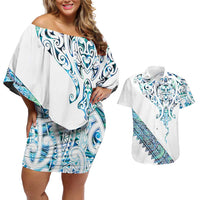 Kahui Whetu Paua shell Kowhaiwhai Taniko Personalised Couples Matching Off Shoulder Short Dress and Hawaiian Shirt Manta Ray Shark-Turtle Maori Tribal Style LT9 Blue - Polynesian Pride