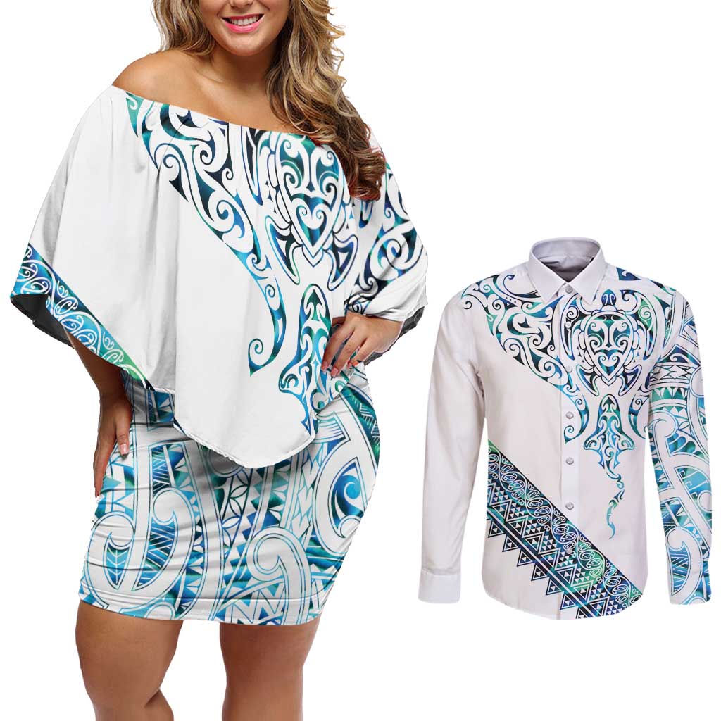 Kahui Whetu Paua shell Kowhaiwhai Taniko Personalised Couples Matching Off Shoulder Short Dress and Long Sleeve Button Shirt Manta Ray Shark-Turtle Maori Tribal Style LT9 Blue - Polynesian Pride