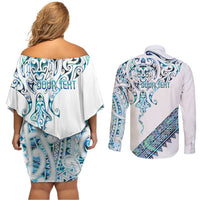 Kahui Whetu Paua shell Kowhaiwhai Taniko Personalised Couples Matching Off Shoulder Short Dress and Long Sleeve Button Shirt Manta Ray Shark-Turtle Maori Tribal Style LT9 - Polynesian Pride