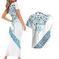 Kahui Whetu Paua shell Kowhaiwhai Taniko Personalised Couples Matching Short Sleeve Bodycon Dress and Hawaiian Shirt Manta Ray Shark-Turtle Maori Tribal Style LT9 - Polynesian Pride