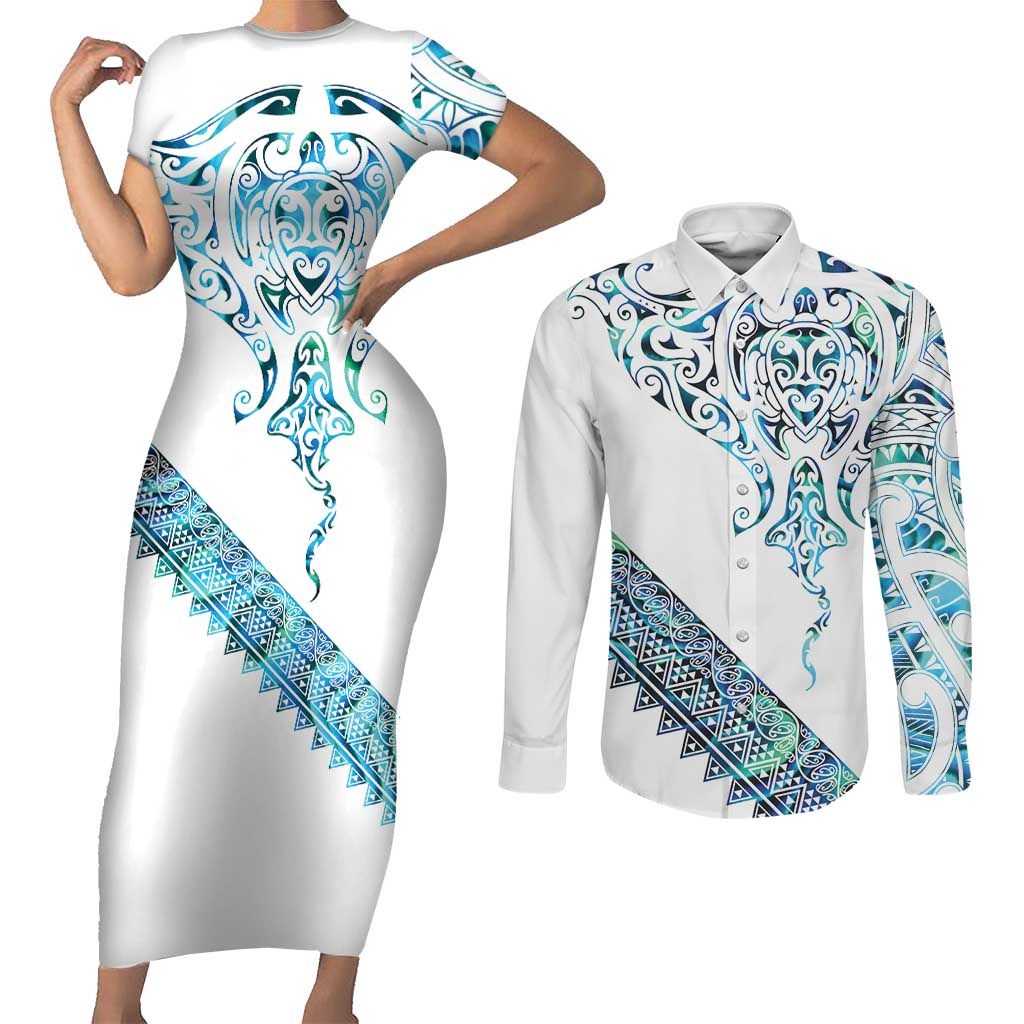Kahui Whetu Paua shell Kowhaiwhai Taniko Personalised Couples Matching Short Sleeve Bodycon Dress and Long Sleeve Button Shirt Manta Ray Shark-Turtle Maori Tribal Style LT9 Blue - Polynesian Pride