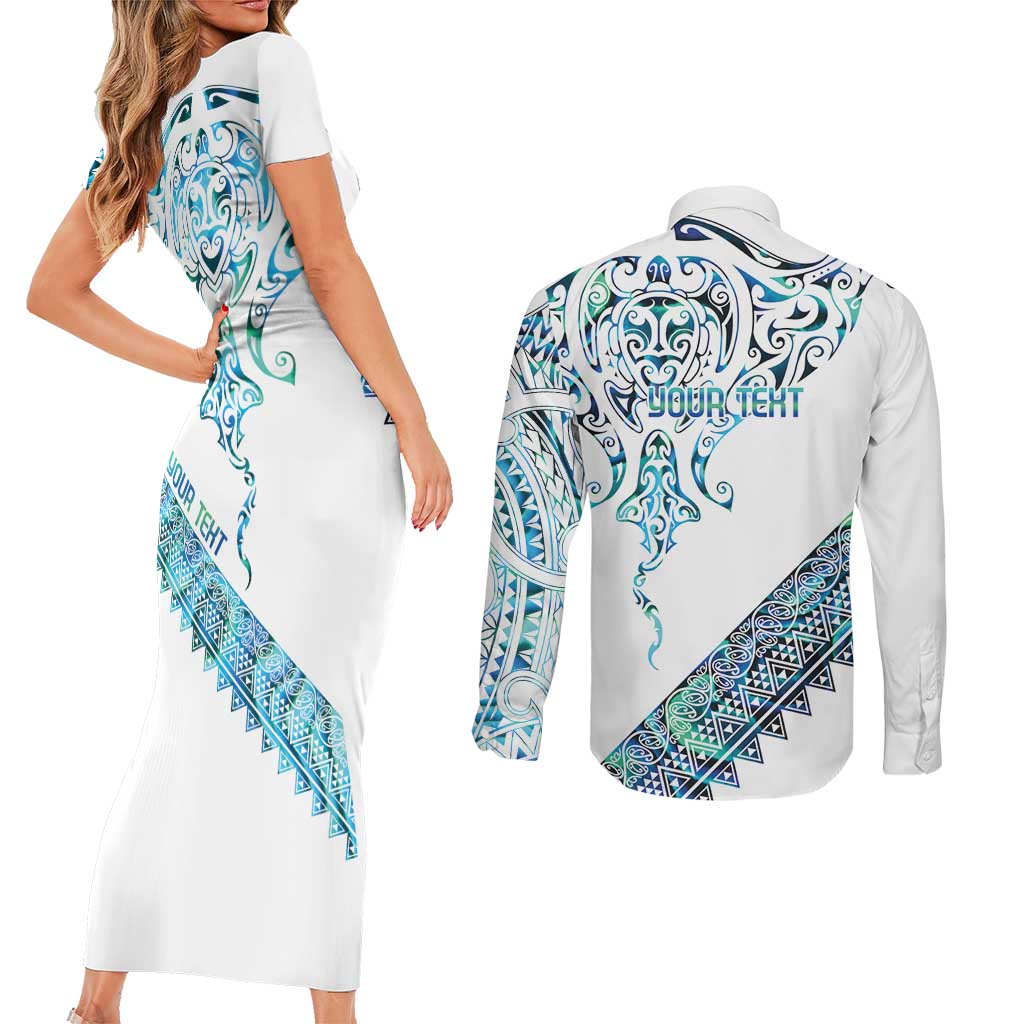 Kahui Whetu Paua shell Kowhaiwhai Taniko Personalised Couples Matching Short Sleeve Bodycon Dress and Long Sleeve Button Shirt Manta Ray Shark-Turtle Maori Tribal Style LT9 - Polynesian Pride
