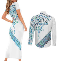Kahui Whetu Paua shell Kowhaiwhai Taniko Personalised Couples Matching Short Sleeve Bodycon Dress and Long Sleeve Button Shirt Manta Ray Shark-Turtle Maori Tribal Style LT9 - Polynesian Pride