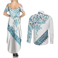 Kahui Whetu Paua shell Kowhaiwhai Taniko Personalised Couples Matching Summer Maxi Dress and Long Sleeve Button Shirt Manta Ray Shark-Turtle Maori Tribal Style LT9 - Polynesian Pride