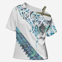 Kahui Whetu Paua shell Kowhaiwhai Taniko Personalised Cross Shoulder Shirt Manta Ray Shark-Turtle Maori Tribal Style LT9 Female Blue - Polynesian Pride