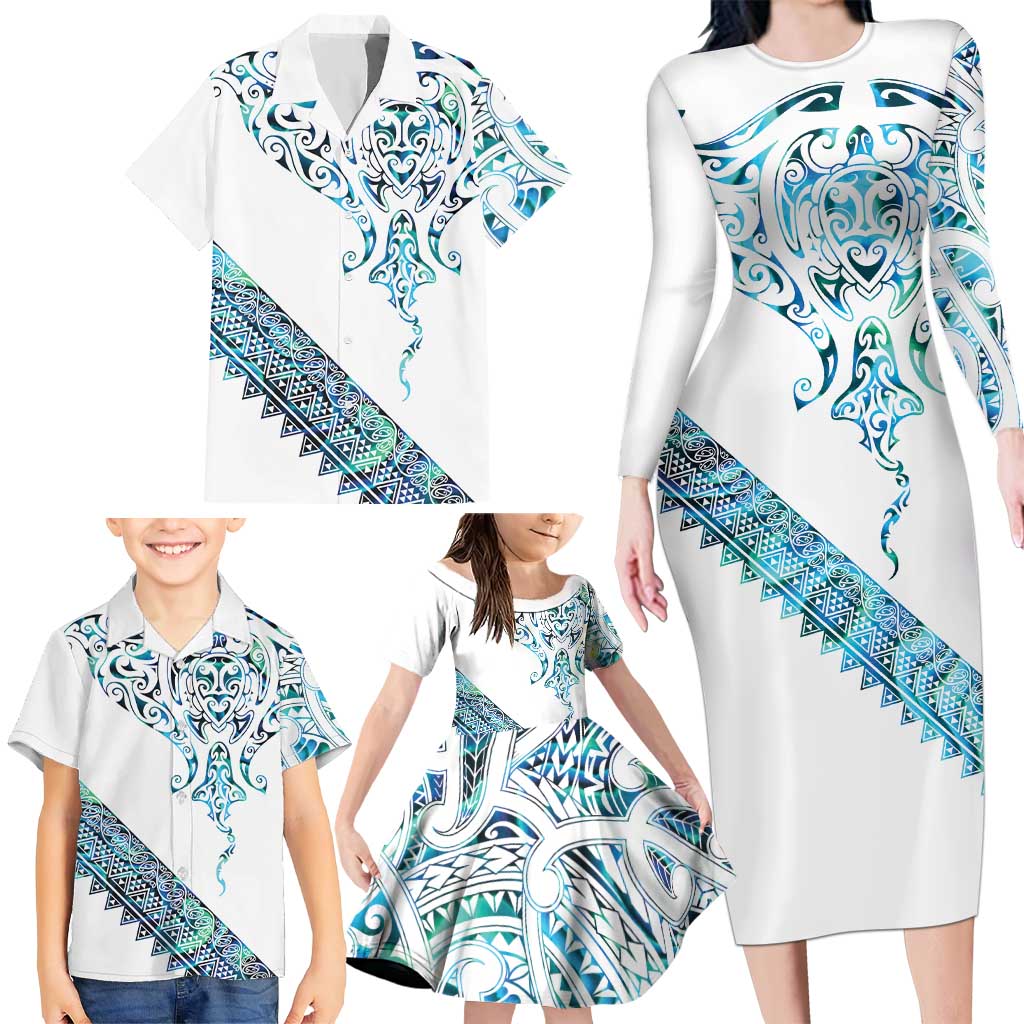 Kahui Whetu Paua shell Kowhaiwhai Taniko Personalised Family Matching Long Sleeve Bodycon Dress and Hawaiian Shirt Manta Ray Shark-Turtle Maori Tribal Style LT9 - Polynesian Pride