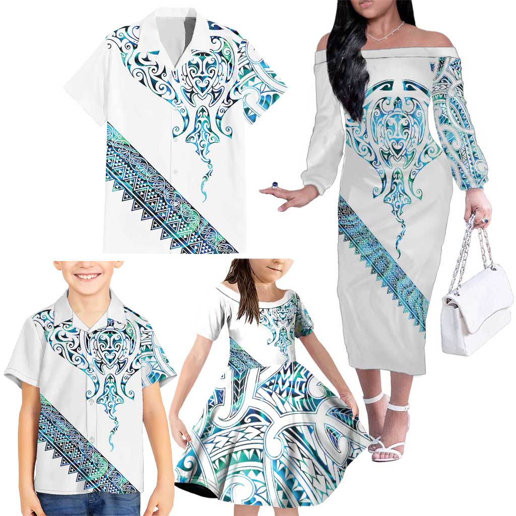 Kahui Whetu Paua shell Kowhaiwhai Taniko Personalised Family Matching Off The Shoulder Long Sleeve Dress and Hawaiian Shirt Manta Ray Shark-Turtle Maori Tribal Style LT9 - Polynesian Pride