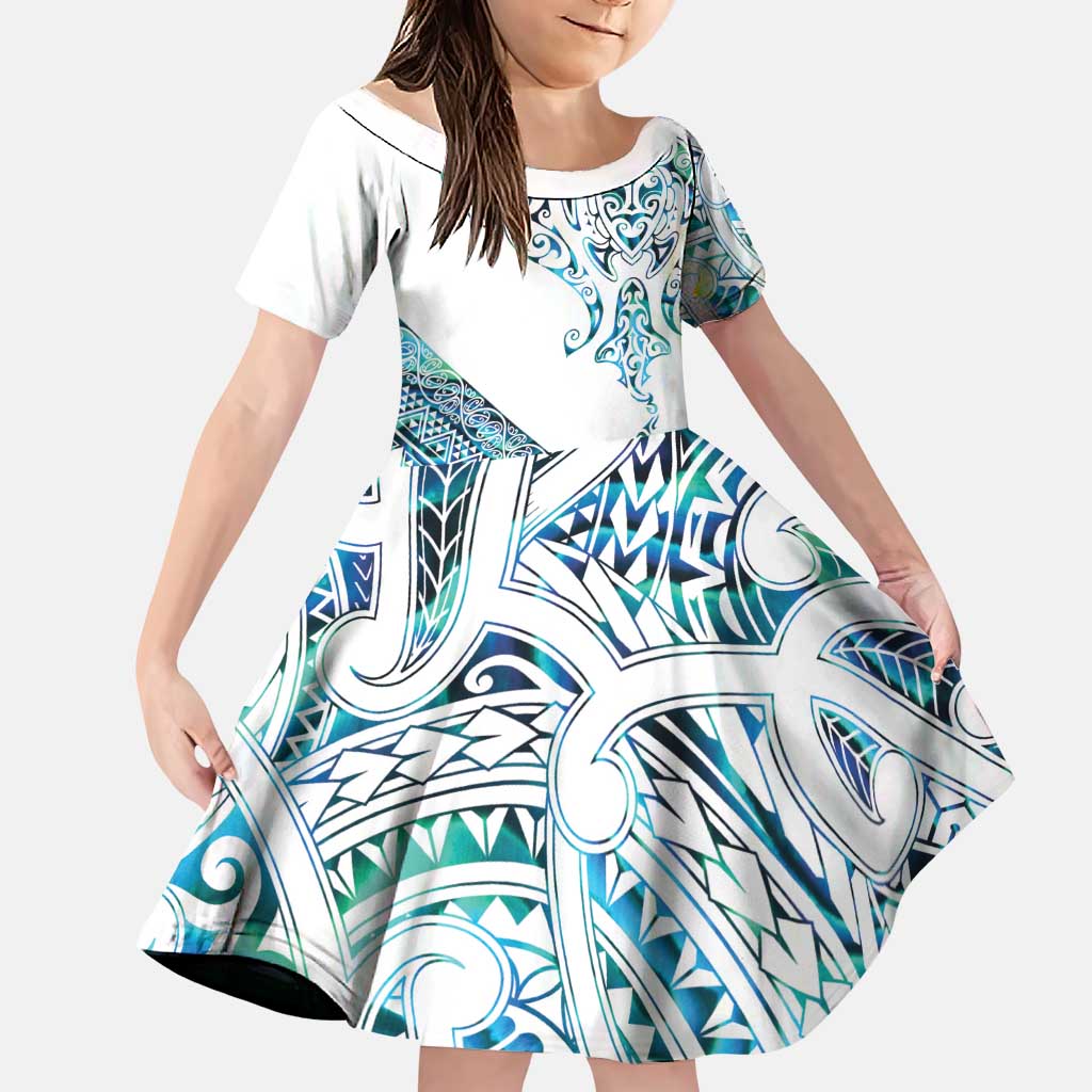Kahui Whetu Paua shell Kowhaiwhai Taniko Personalised Family Matching Off Shoulder Maxi Dress and Hawaiian Shirt Manta Ray Shark-Turtle Maori Tribal Style LT9 Daughter's Dress Blue - Polynesian Pride