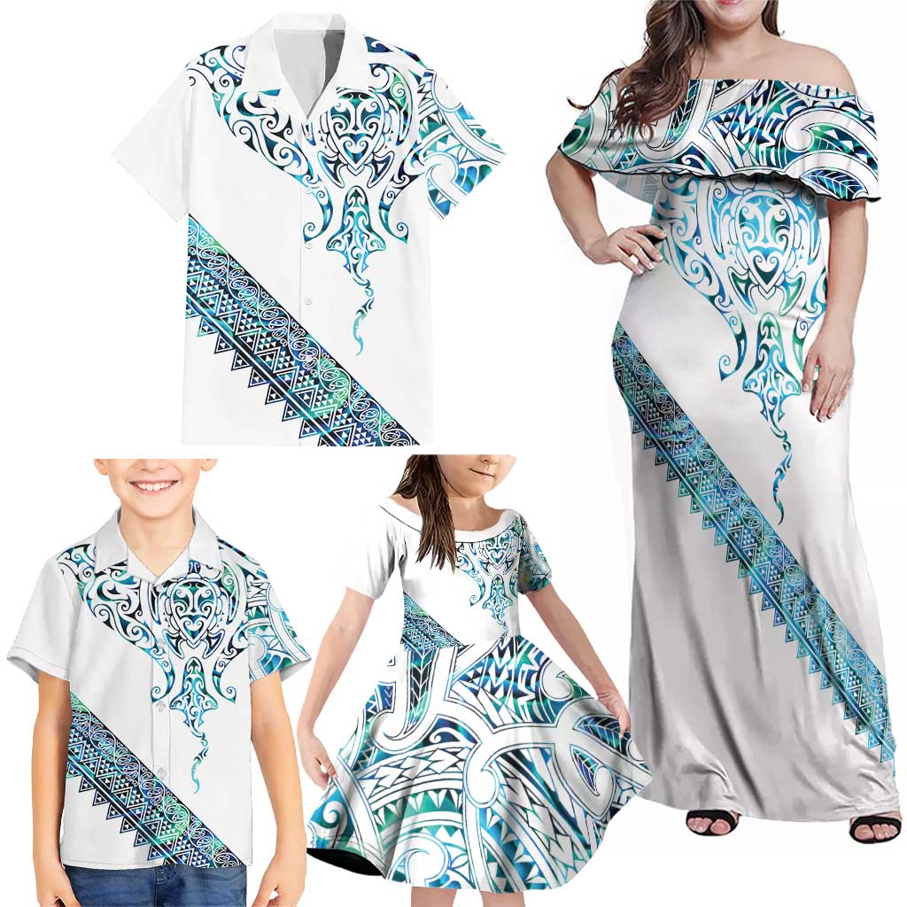 Kahui Whetu Paua shell Kowhaiwhai Taniko Personalised Family Matching Off Shoulder Maxi Dress and Hawaiian Shirt Manta Ray Shark-Turtle Maori Tribal Style LT9 - Polynesian Pride